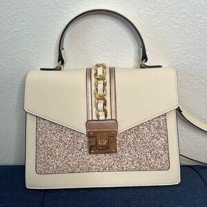 Aldo beige and pink glitter purse, crossbody with gold hardware.